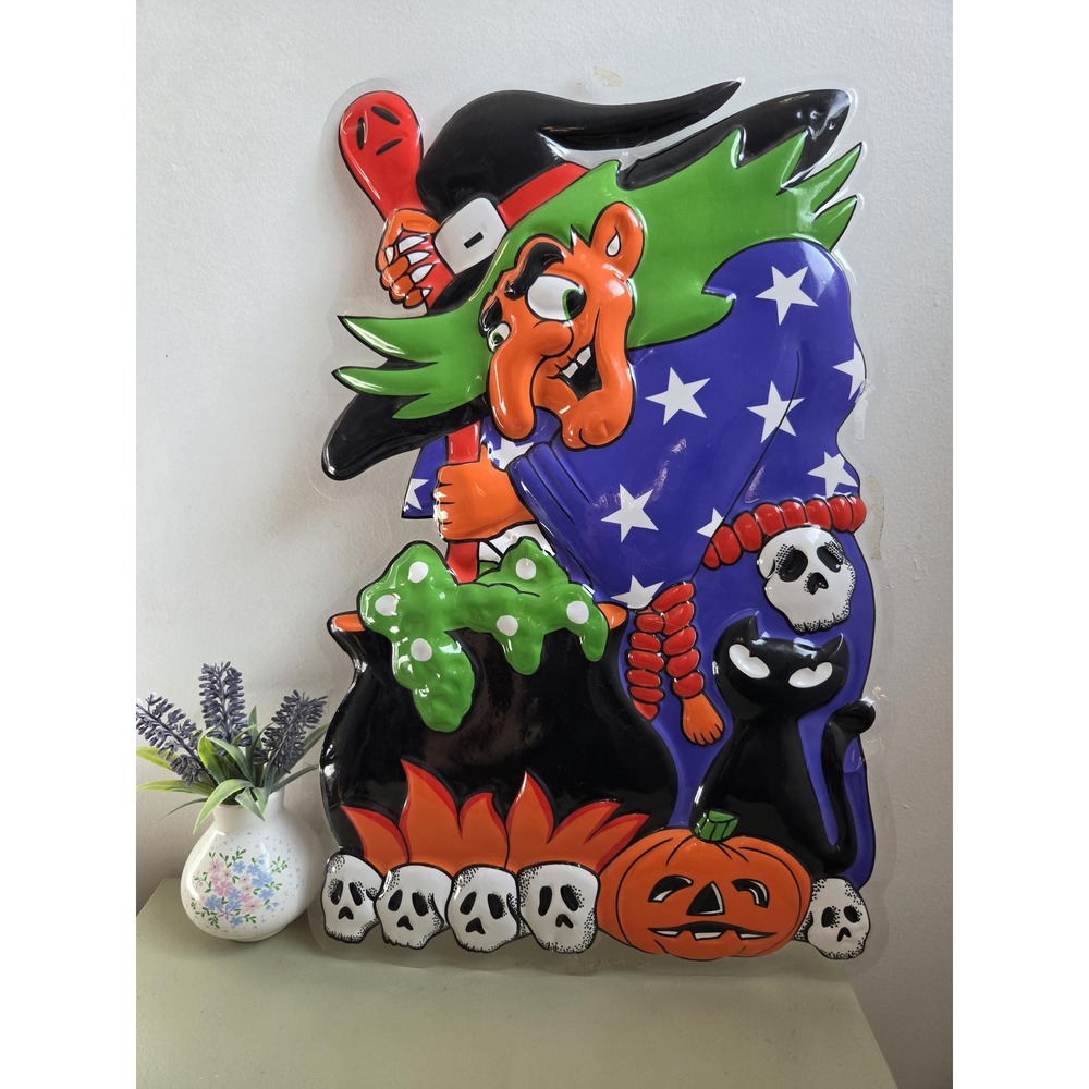 Vintage Halloween Witch Cauldron Plastic Wall Decor Black Cat Pumpkin